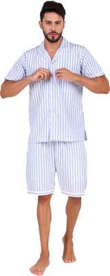 Bella Babe by SK Men Striped Light Blue, White Night Suit Set