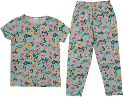 KANNIMAR Girls Printed Light Green Night Suit Set