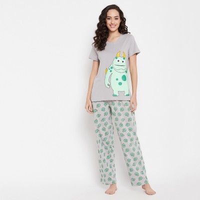 Clovia Women Graphic Print Grey Top & Pyjama Set