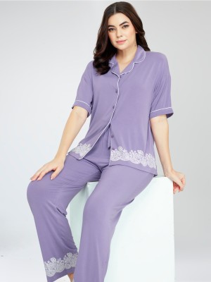 ZEYO Women Solid Purple, White Shirt & Pyjama set