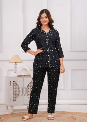 SUGANDH FEBRIC Women Polka Print Black Night Suit Set