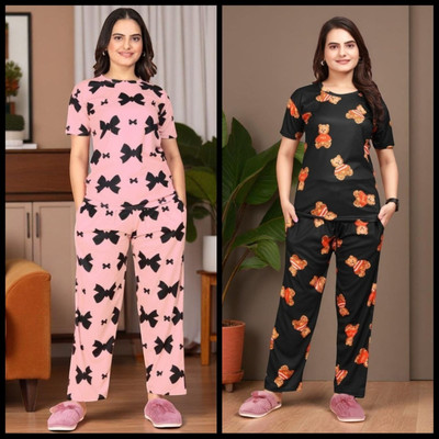 FASHION GREAB Women Printed Pink Top & Pyjama Set