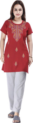 E-MAX Women Self Design Maroon, Grey Top & Pyjama Set