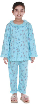 MMShopy Baby Girls Printed Blue, Red Top & Pyjama Set
