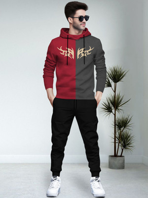 BLIVE Men Printed, Colorblock Red, Grey, Black Night Suit Set