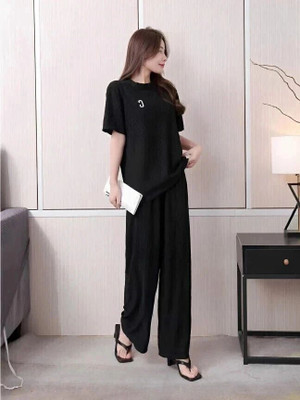 Lugo Women Solid Black Night Suit Set