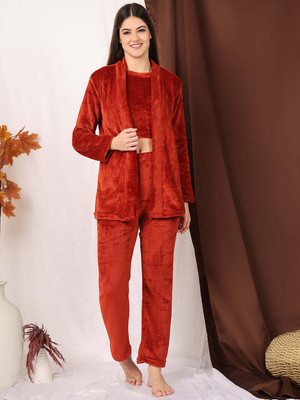 ETC Women Solid Maroon Night Suit Set