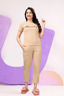 PTELRA Women Printed, Solid Beige Night Suit Set