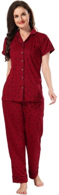 Womenoire Women Printed Maroon Shirt & Pyjama set