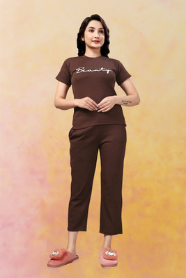 EVVYN Women Printed Brown Top & Pyjama Set