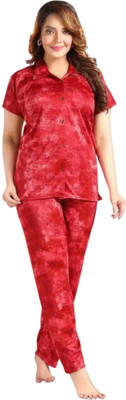 h r creation Women Ombre/Dyed Red Night Suit Set