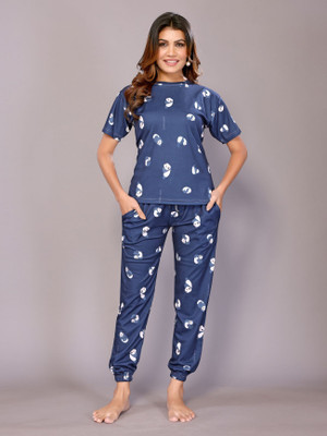HouseOfCommon Women Printed Blue Night Suit Set