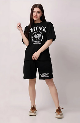 kshs Women Printed Black Top & Shorts Set