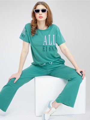 ZEYO Women Printed, Solid Green Top & Pyjama Set