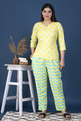 Rvexpo Women Printed Yellow Top & Pyjama Set