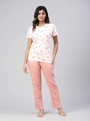 Ramraj Cotton Women Printed Pink Top & Pyjama Set