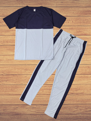 LINSOR FASHION Men Striped Grey Night Suit Set