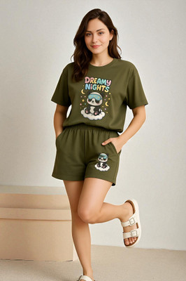 Elvia Women Printed Green Top & Shorts Set