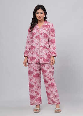 DAMMODE Women Floral Print Pink Shirt & Pyjama set