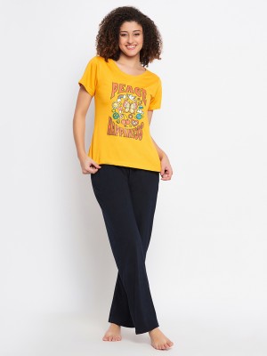 Clovia Women Graphic Print Yellow, Black Top & Pyjama Set
