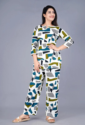 MintMarie Women Printed Blue, Green Night Suit Set
