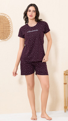 QUIRA Women Printed Maroon Top & Shorts Set