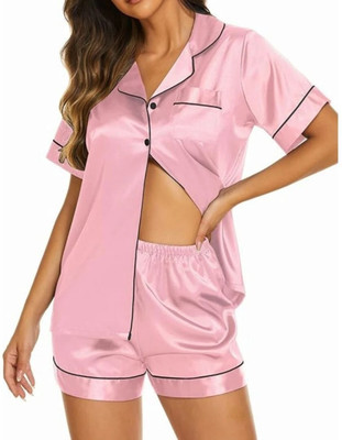 Vd hub Women Solid Pink Night Suit Set