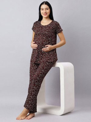 DZZO Women Printed Brown Top & Pyjama Set