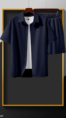 7starenterprise7 Men Solid Dark Blue Top & Shorts Set