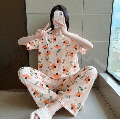 SKG Women Printed Orange, White Night Suit Set