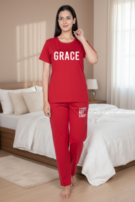 AWIBE Women Printed Red Night Suit Set