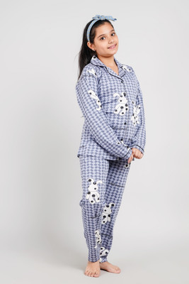 Bloem Kids Nightwear Girls Printed Cotton(Grey Pack of 1)