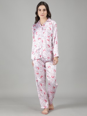 HouseofComfort Women Printed White, Multicolor, Pink Shirt & Pyjama set