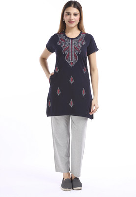 E-MAX Women Self Design Dark Blue, Grey Top & Pyjama Set
