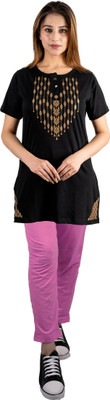URBE Women Printed Black Top & Pyjama Set