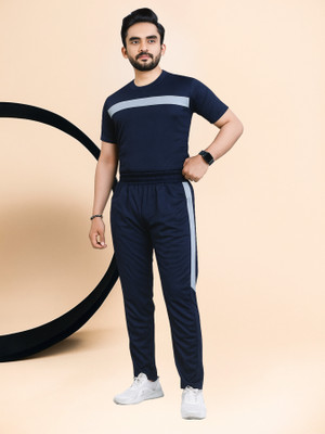 LINSOR FASHION Men Striped Blue, Grey Night Suit Set