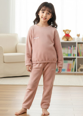 foxyfox Girls Solid Pink Night Suit Set