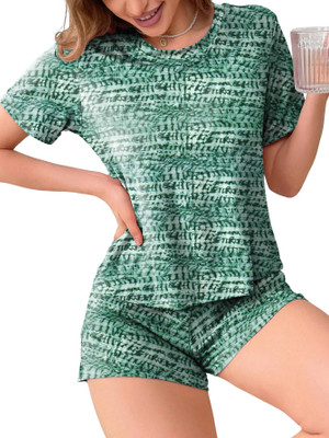 SANTENTERPRISE Women Printed Green Night Suit Set