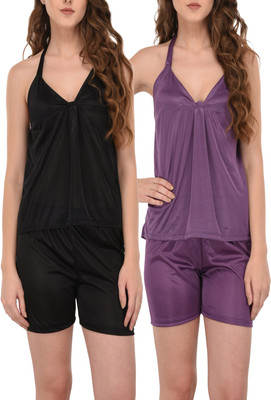 HouseOfCommon Women Solid Purple, Black Top & Shorts Set
