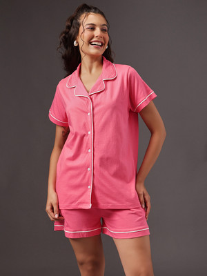 Clovia Women Solid Pink Top & Shorts Set