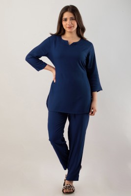 SADORI Women Solid Blue Night Suit Set