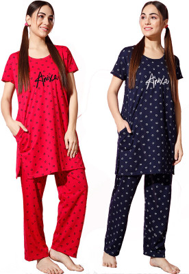 Fit N Fame Women Printed Multicolor Shirt & Pyjama set