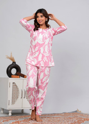 DreamBe Women Printed Pink, White Night Suit Set