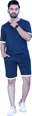 NISPRUH Men Striped Blue Night Suit Set