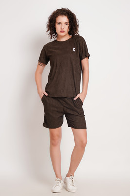 Stem Rope Women Solid Brown Top & Shorts Set