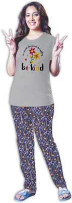 ZG FOR GIRLS Women Printed Grey Top & Pyjama Set