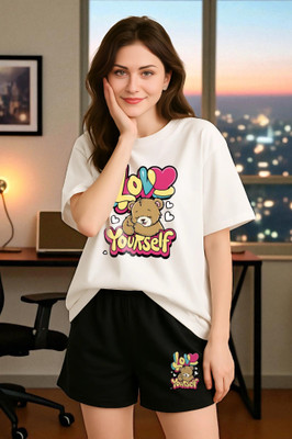 Elvia Women Printed Black Top & Shorts Set