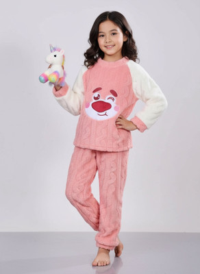 Stem Rope Kids Nightwear Boys & Girls Self Design Fleece Blend(Pink Pack of 1)