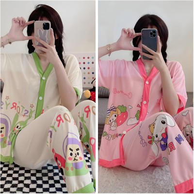Relax Life Creations Women Characters Green, Pink Shirt & Pyjama set