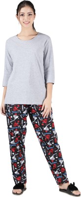 LABEL MY Women Printed Grey Top & Pyjama Set